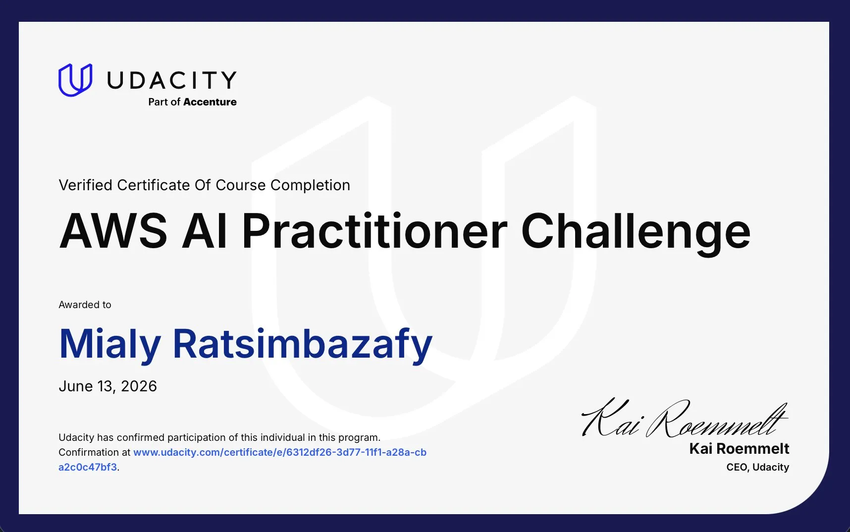 Udacity AWS AI Practitioner Challenge course certificate, awarded to Mialy Ratsimbazafy on June 13, 2026