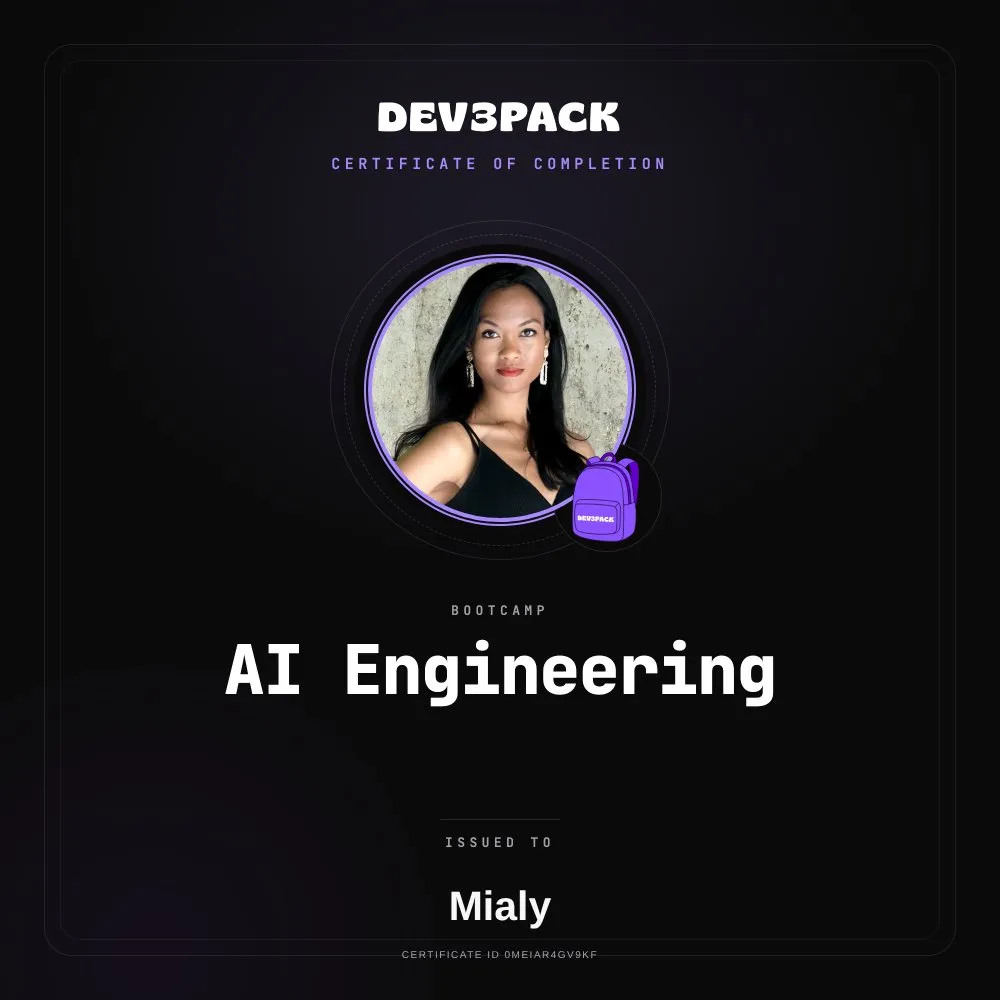 Dev3Pack AI Engineering Bootcamp certificate of completion, issued to Mialy, ID 0MEIAR4GV9KF