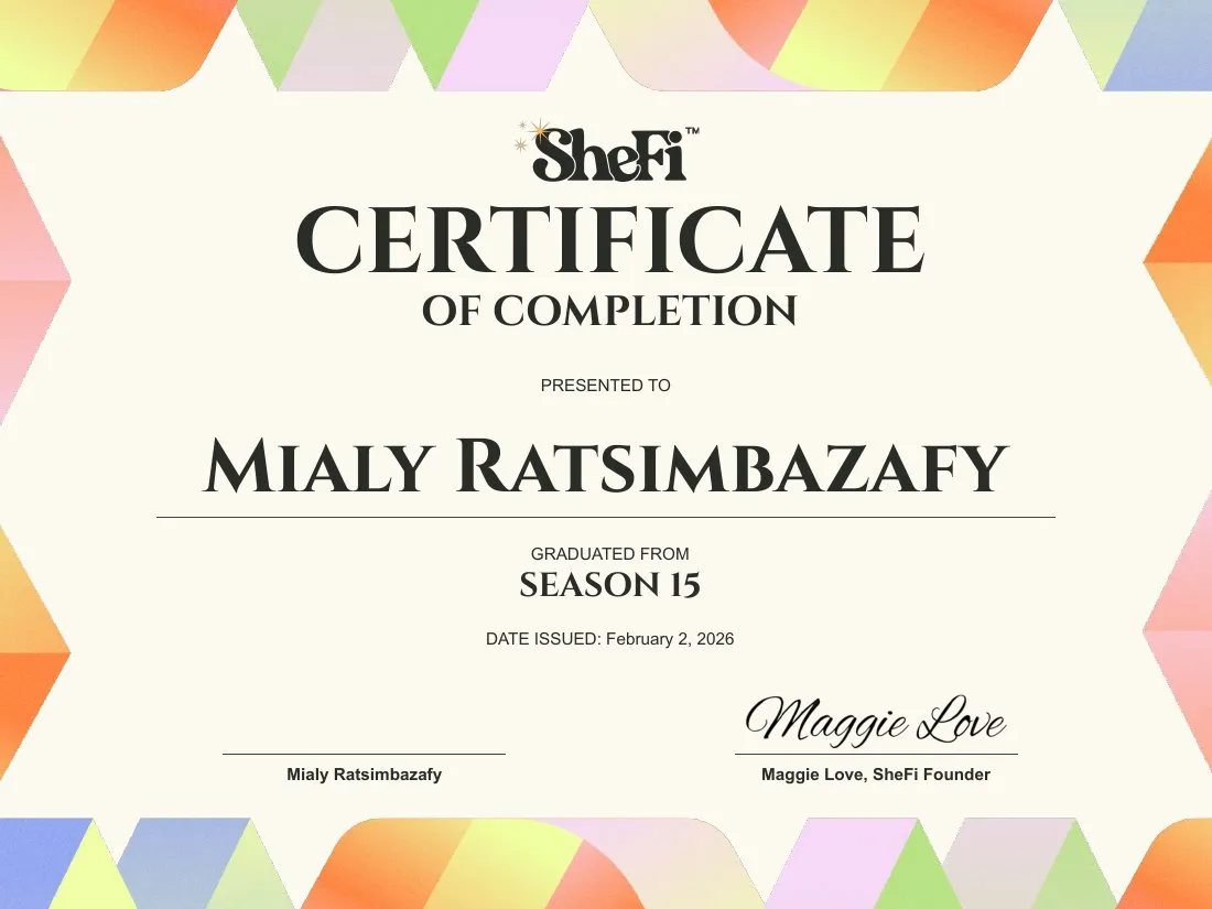 SheFi season 15 certificate of completion, issued to Mialy Ratsimbazafy on February 2, 2026