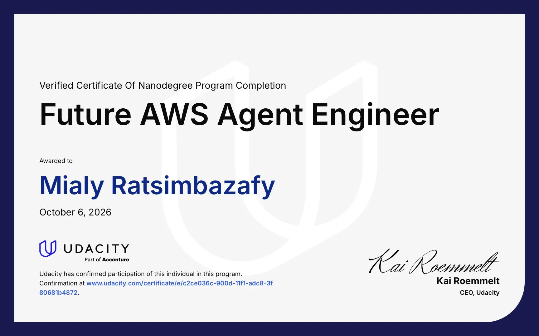 Udacity Future AWS Agent Engineer certificate, awarded to Mialy Ratsimbazafy on October 6, 2026