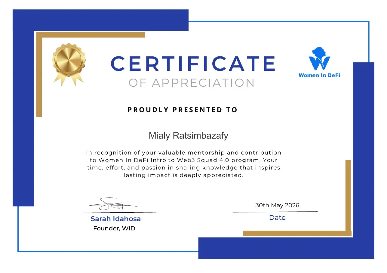 Women In DeFi certificate of appreciation given to Mialy Ratsimbazafy for her mentorship in the Intro to Web3 Squad 4.0 programme, May 30, 2026